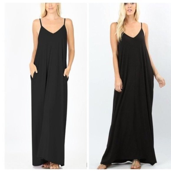 *RESTOCKED* Black V-Neck Harem Boho Pocket Maxi Dress - Picture 2 of 3